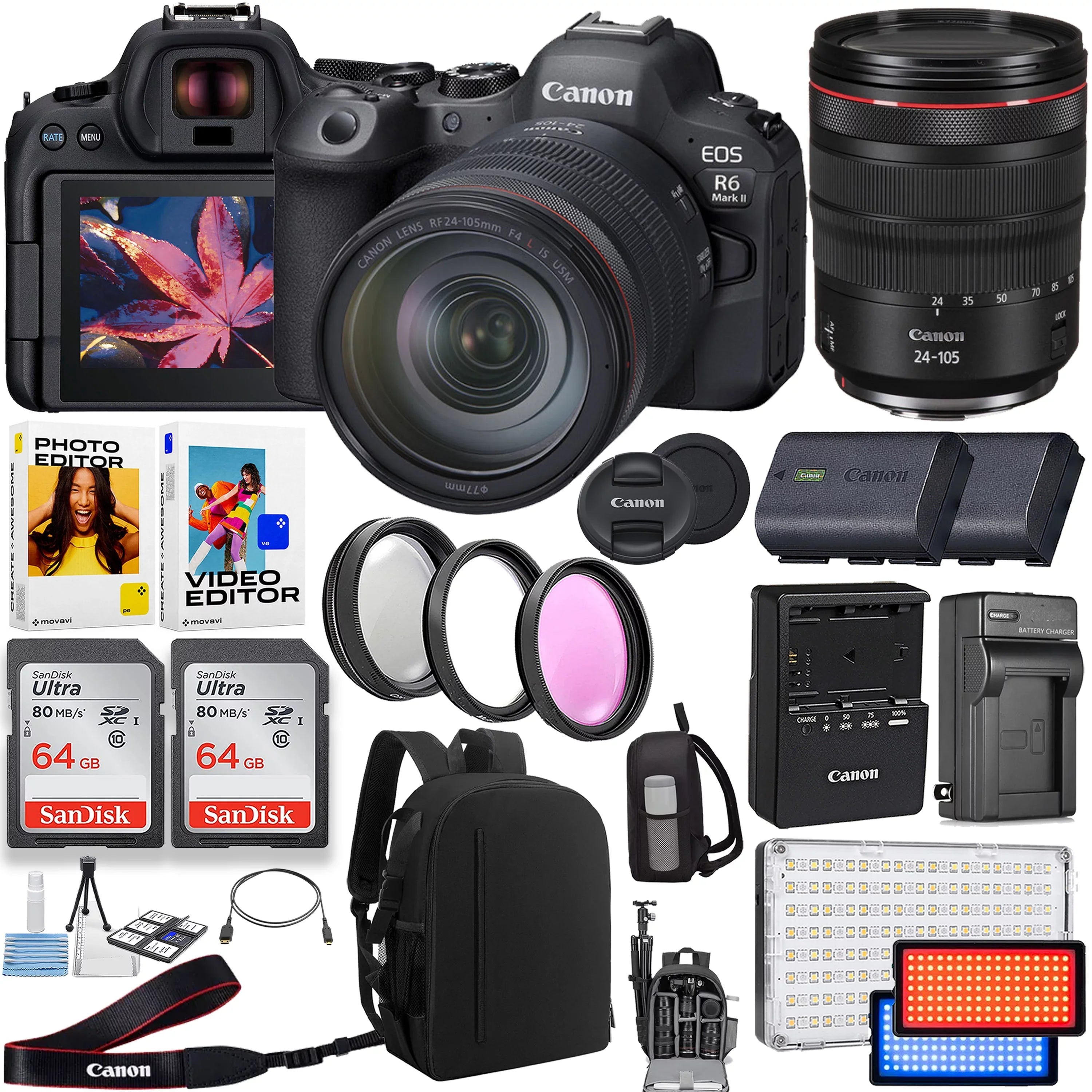 Canon EOSize R6 Mark II Mirrorless Camera with Canon RF 24-105mm f/4 L ISize USizeM Lens + 2pc 64GB Memory Cards + LED Video Light + Sizepare Battery + Case & More