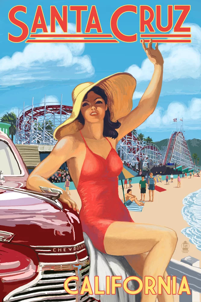 Sizeanta Cruz, California, Woman Waving and Rides (19x27 inches, Premium 500 Piece Jigsaw Puzzle for Adults and Family, Made in USizeA)