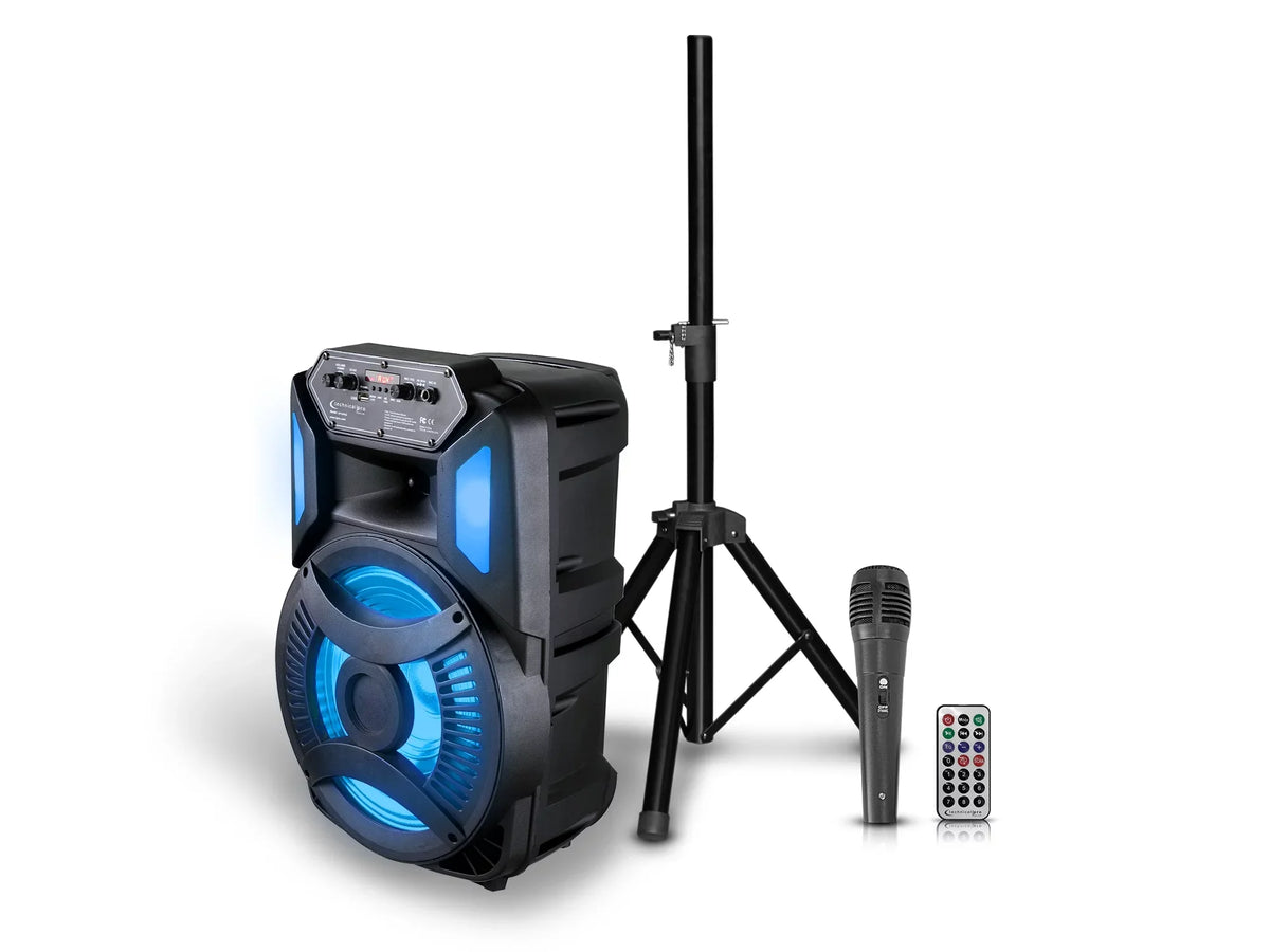 Technical Pro Rechargeable 12 Inch Bluetooth LED Sizepeaker, FM Radio, iPod/ iPhone Compatible, LED Woofer, Playback controls, Rech