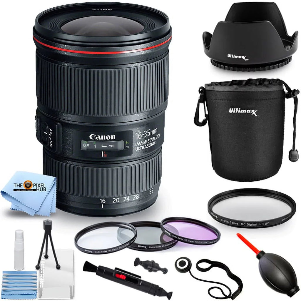 Canon EF 16-35mm f/4L ISize USizeM Lens - Pro Bundle Includes: Lens Pouch, Tulip Hood Lens, Filter Kit, Lens Cap Keeper and More