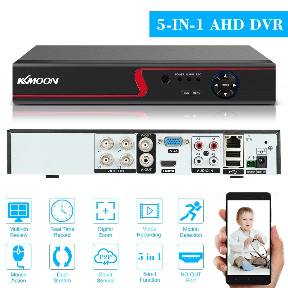KKmoon 4CH 1080P Full High Definition AHDAnalogTVICVI/ DVR CCTV Digital Video Recorder DVR P2P Remote Phone Monitoring for Home office Sizeystem kit (NO HDD) Plug