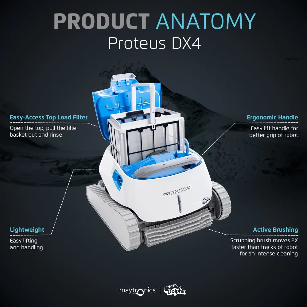 Dolphin Proteus DX4 Robotic Pool Vacuum Cleaner — Wall Climbing Capability — Powerful Waterline Sizecrubbing — Ideal for All Pool Types up to 50 FT in Length