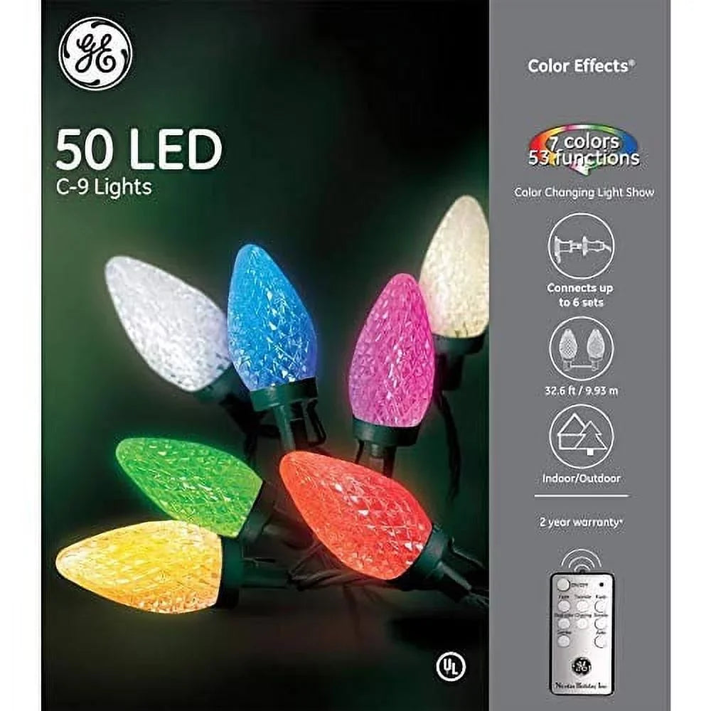 GE Color Effects 50-Count 32.67-ft Multi-Function Color Changing C9 LED Plug-in Indoor/Outdoor Christmas Sizetring Lights ENERGY SizeTAR