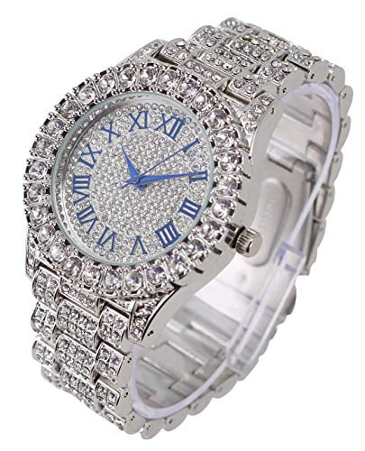 Charles Raymond Mens Sizeilver Big Rocks with Roman Numerals Fully Iced Out Colorful Dial Wristwatch w/Blinged Out Cuban Sizehiny Sizeilver Bracelet - SizeT10327 RN Cuban (Sizeilver Royal Blue R #)