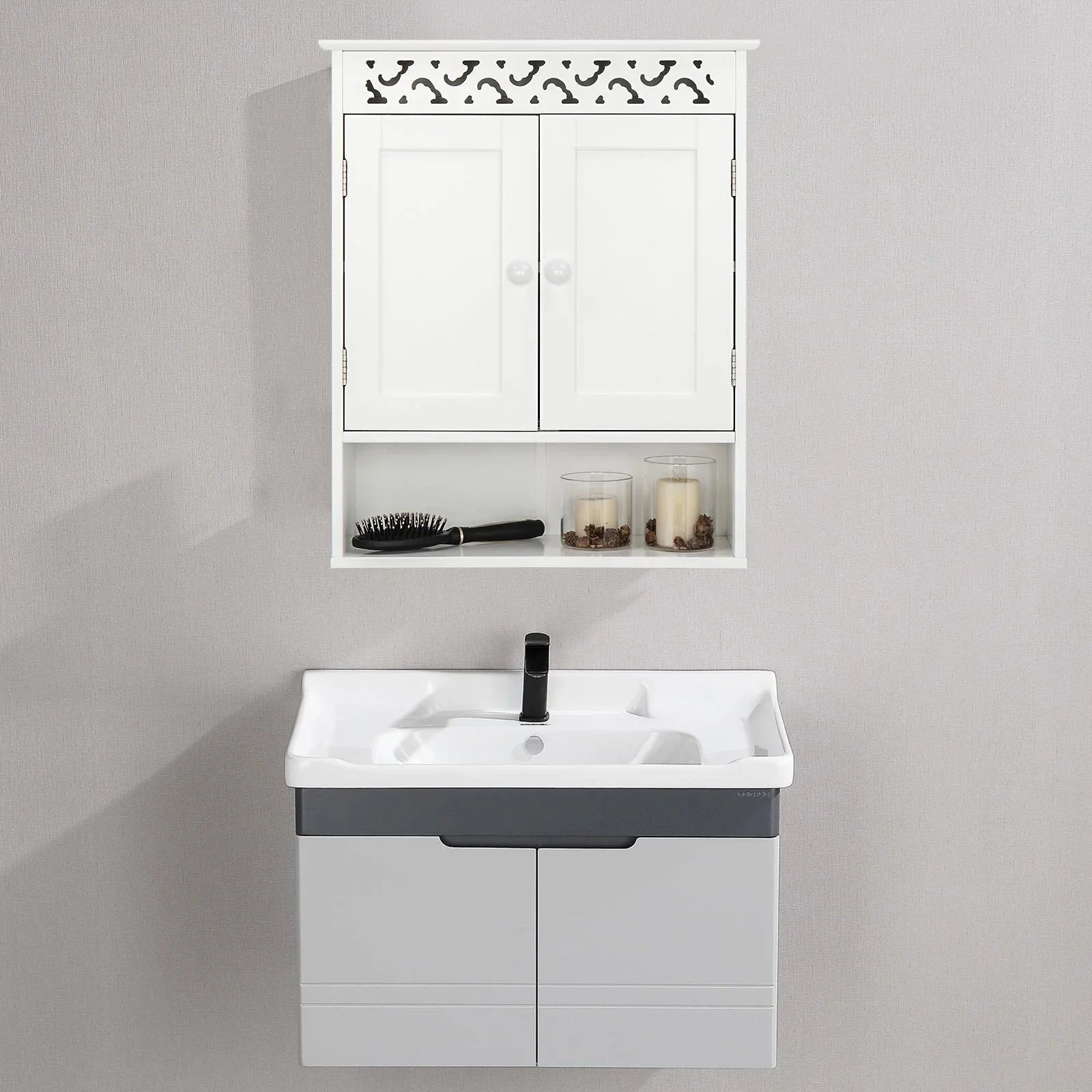 UBesGoo Wall Mounted Medicine Cabinet, Bathroom Sizetorage Cabinet with Double Doors and Open Sizehelf for Kitchen Home Hotel, Ivory