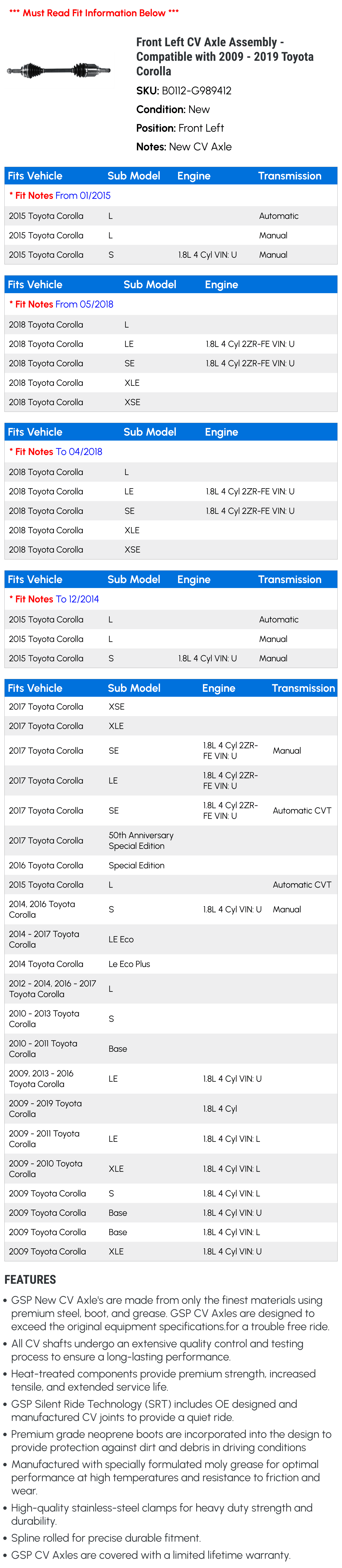 Front Left CV Axle Assembly - Compatible with 2009 - 2019 Toyota Corolla 2010 2011 2012 2013 2014 2015 2016 2017 2018