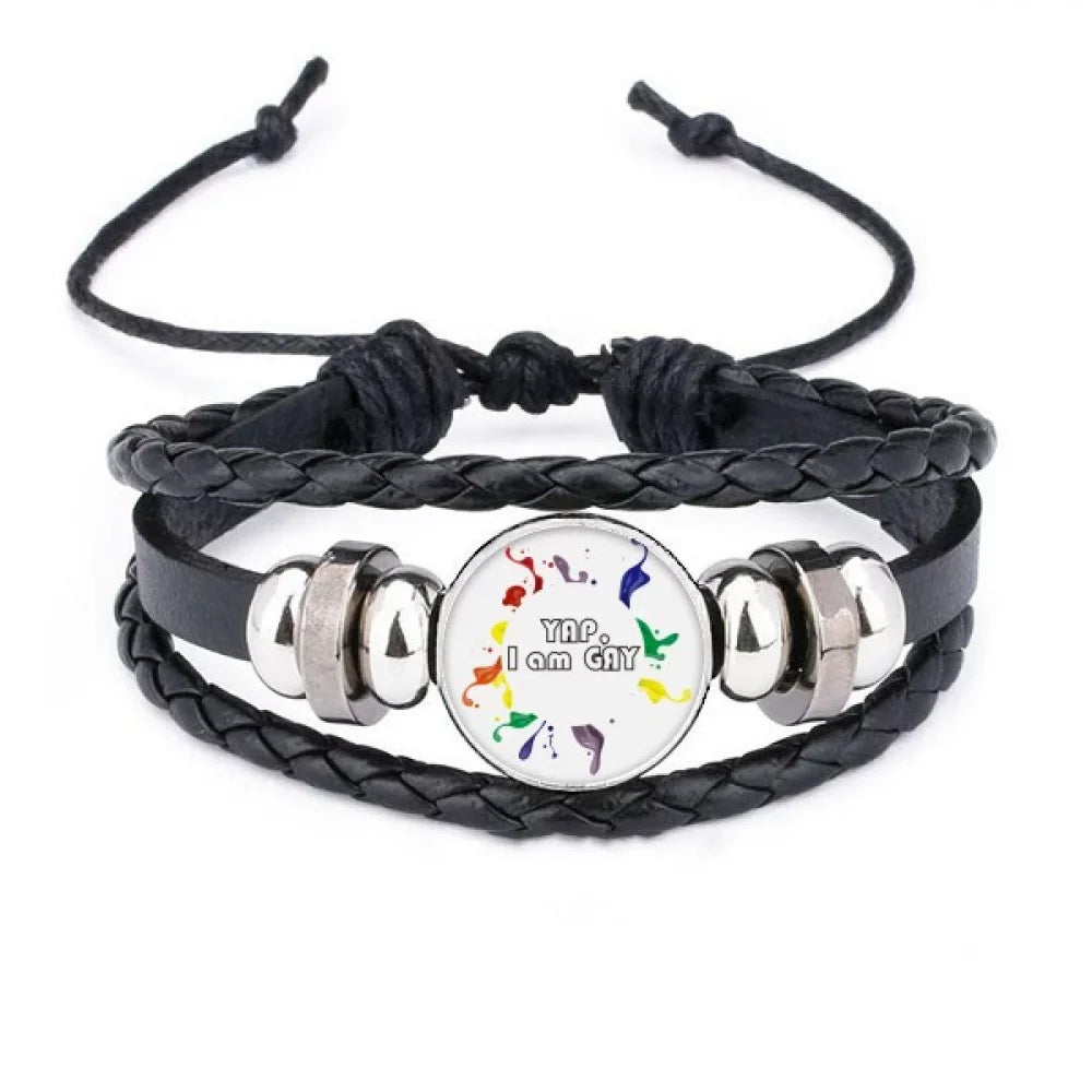LGBT Rainbow Flag Yap I Am Men Bracelet Braided Leather Woven Rope Wristband