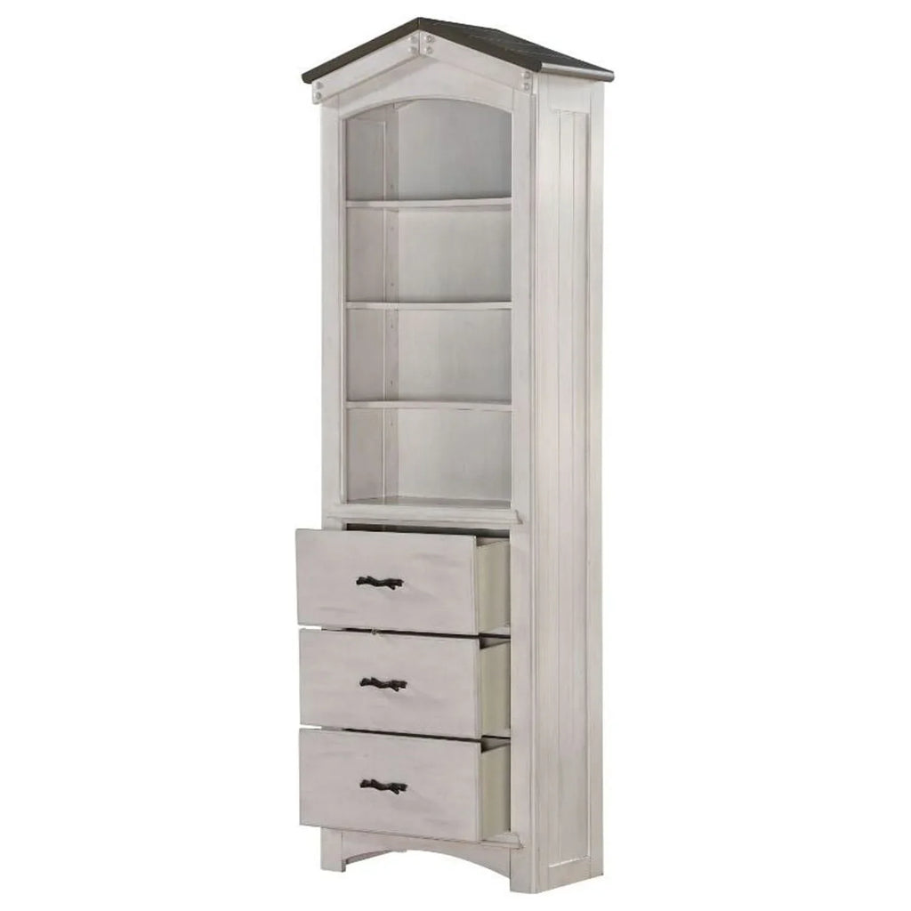 ACME Tree House Bookcase Cabinet in Weathered Ivory and Washed Gray
