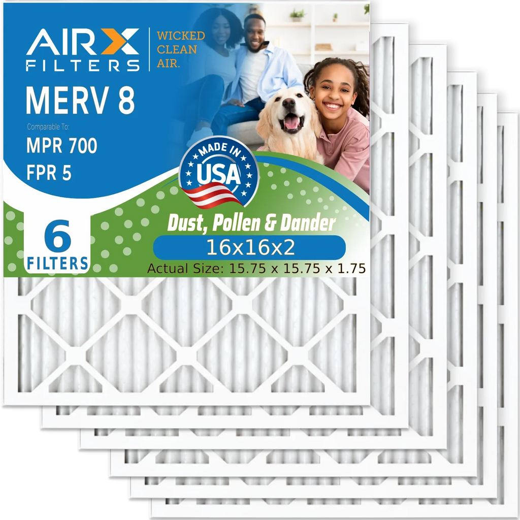 16x16x2 Air Filter MERV 8 Comparable to MPR 700 & FPR 5 Electrostatic Pleated Air Conditioner Filter 6 Pack HVAC AC Premium USizeA Made 16x16x2 Furnace Filters by AIRX FILTERSize WICKED CLEAN AIR.