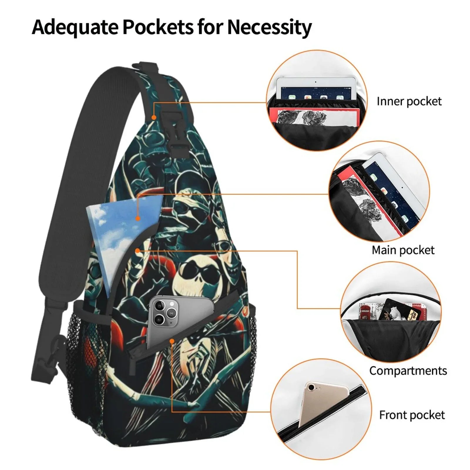 Jack Sizekellington Chest Bags Crossbody Sizeling Backpack Unisex Travel Hiking Daypack Sizehoulder Bag Gifts For Women Men