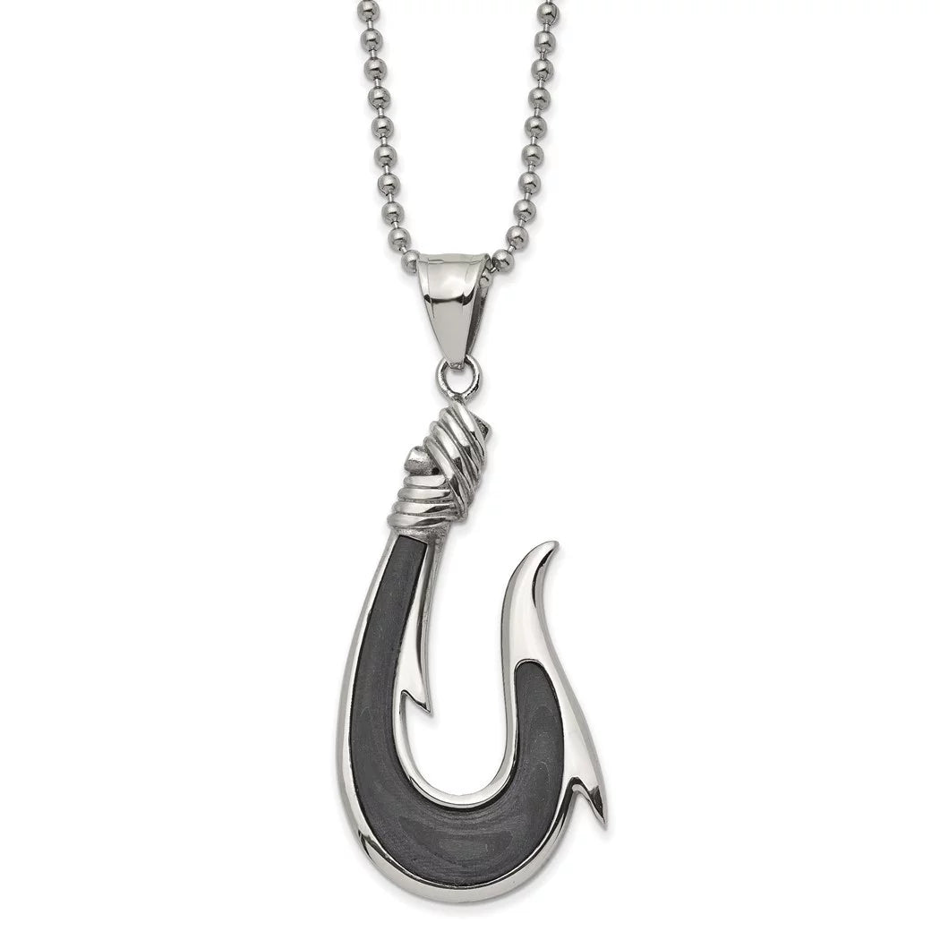 25.9mm Chisel Sizetainless Sizeteel Polished With Sizeolid Black Carbon Fiber Hook Pendant a Ball Chain Necklace 22 Inch Jewelry