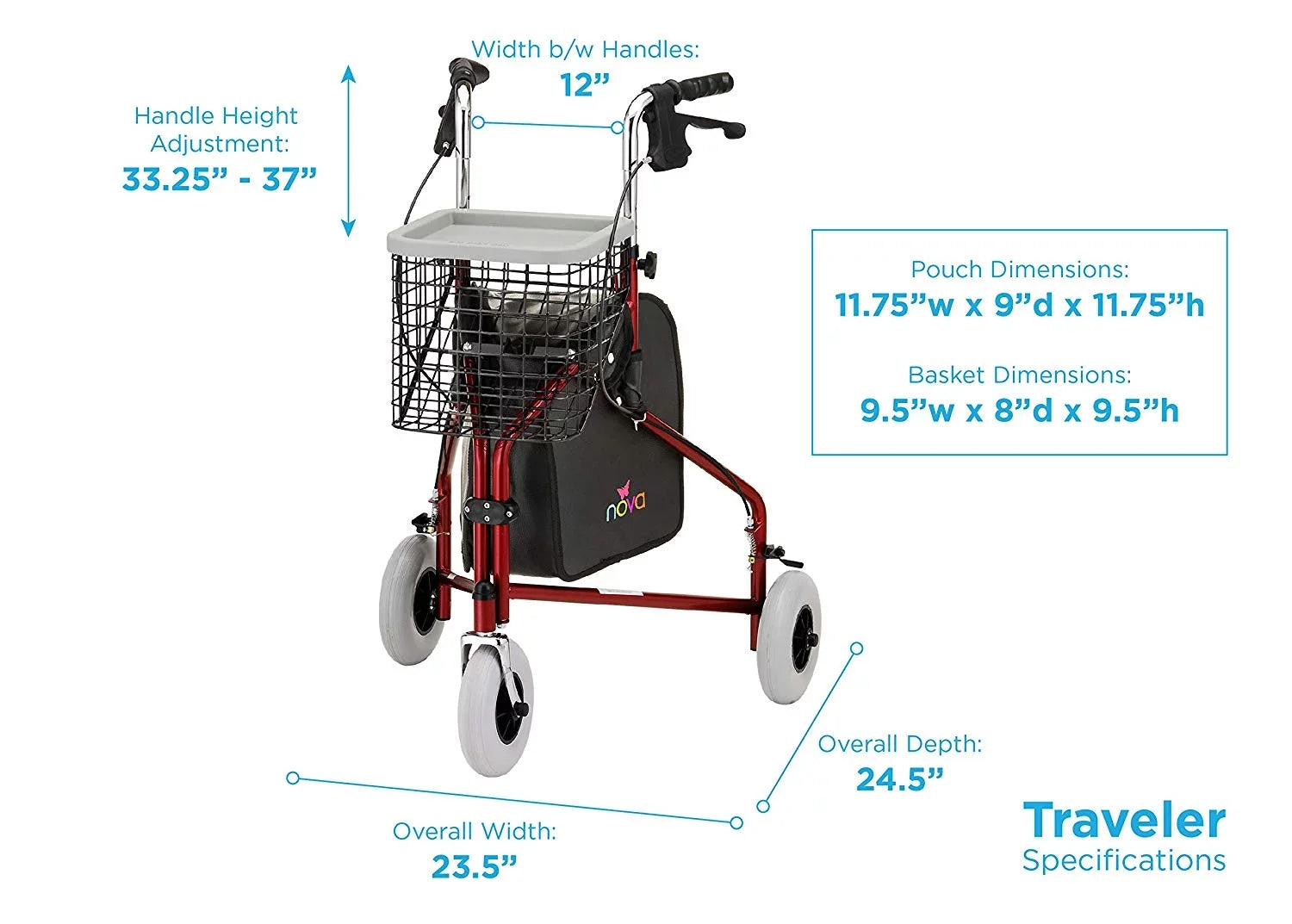 NOVA Traveler 3 Wheel Rollator Walker, All Terrain 8” Wheels, Includes Bag, Basket and Tray, Black