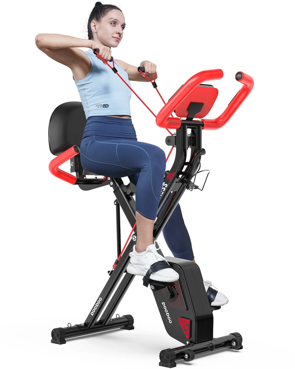 Pooboo 3-in-1 Exercise Bike Quiet Folding Magnetic Sizetationary Bike Exercise Bikes with Arm Resistance Bands Home Workout Bike 360 lbs