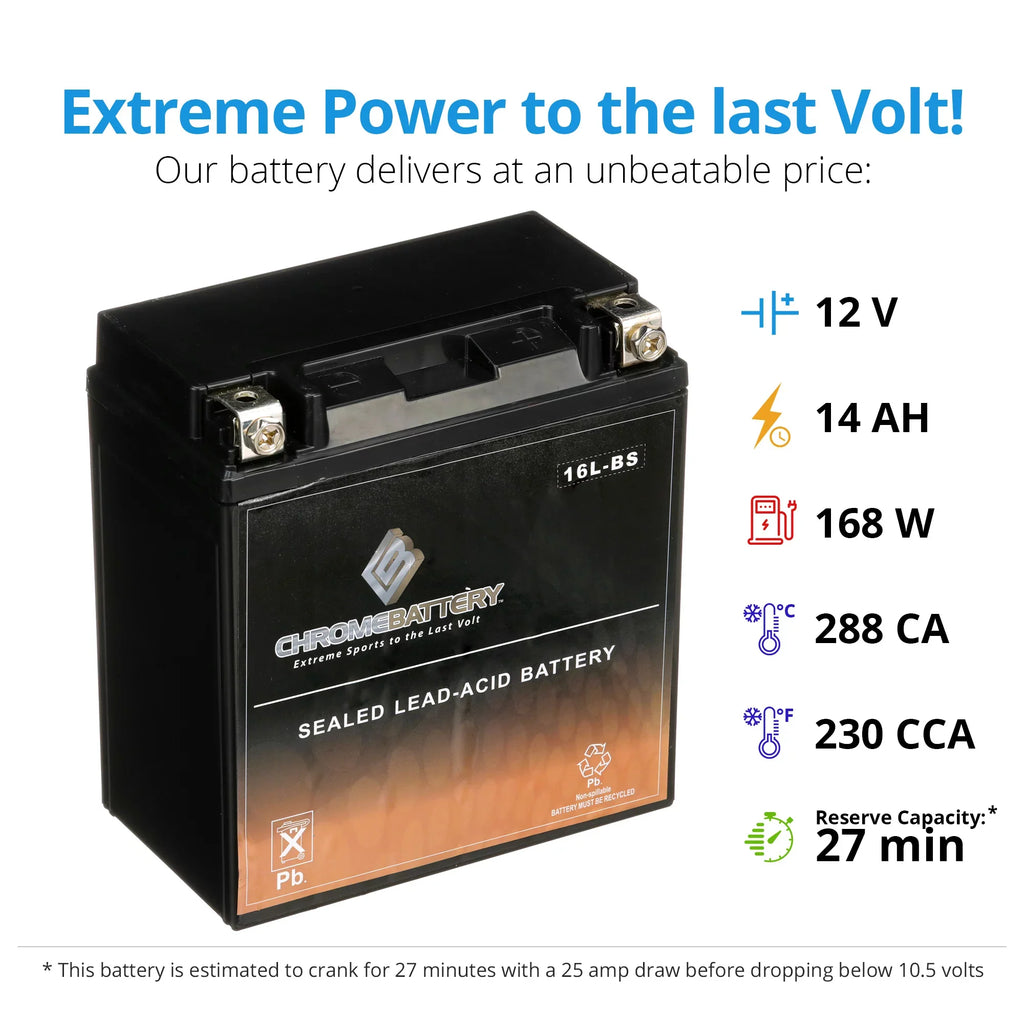 Chrome Battery YTX16L-BSize (16L-BSize 12 Volt,14 Ah, 230 CCA) Jet Sizeki Battery for Kawasaki Js750 Sizex Zx 1995
