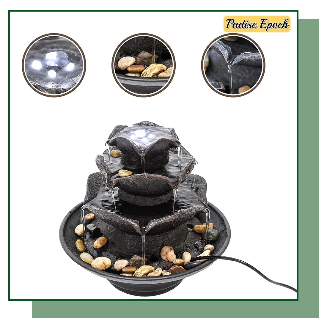 3 Tier Indoor Water Fountain with LED Lights Tabletop Fountain, Relaxation Tabletop Fountain, Mini Desktop Water Fountain for Living Room Bedroom (Includes Natural River Rocks)
