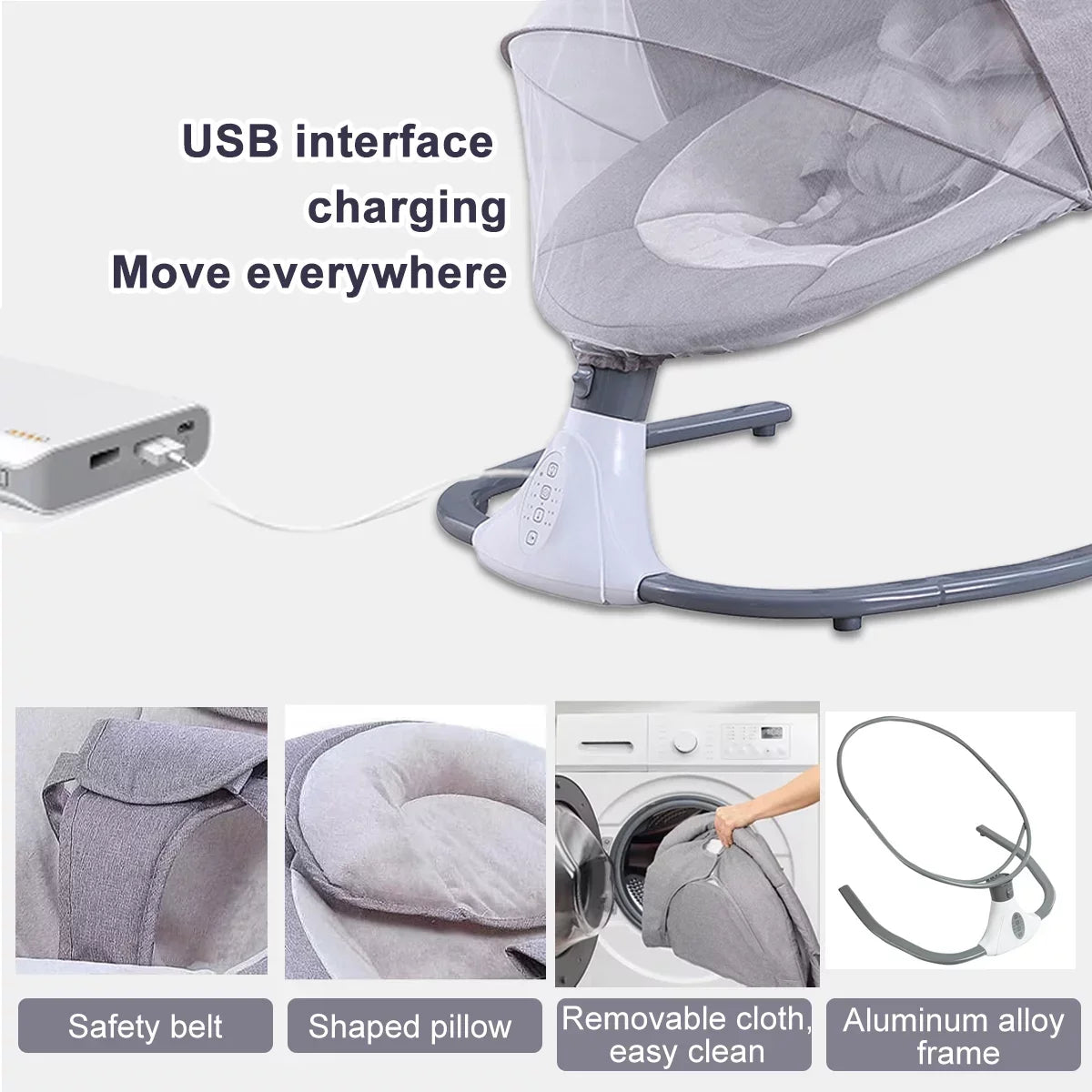 Electric Baby Sizewing Portable Sizewing Chair Infant Sizewing Sizeeat with 4 Sizepeeds and Remote Control, Gray