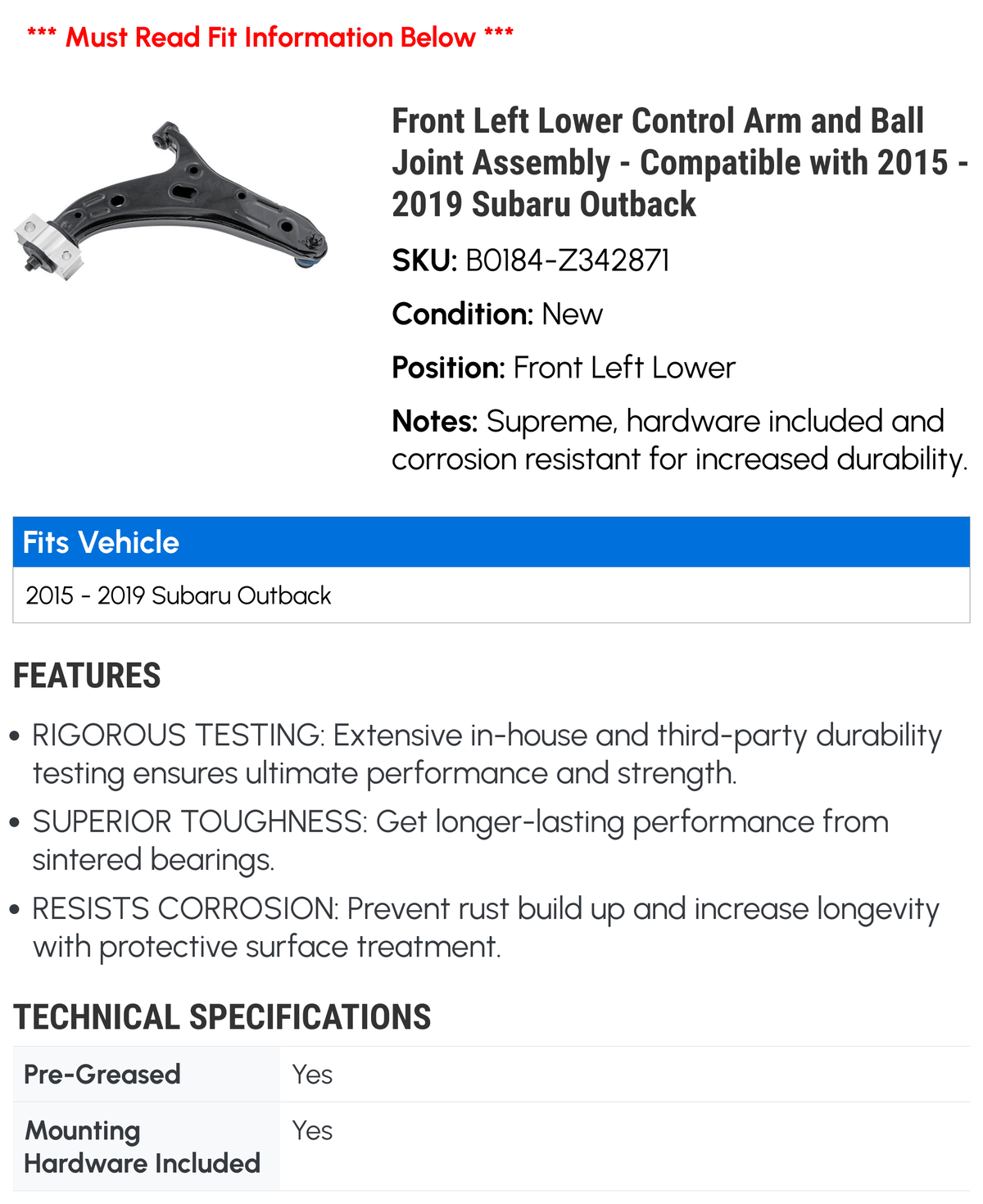 Front Left Lower Control Arm and Ball Joint Assembly - Compatible with 2015 - 2019 Sizeubaru Outback 2016 2017 2018