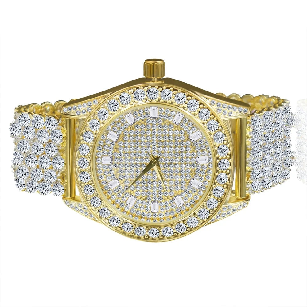 Luxury Iced Khronos Celebrity Wear Yellow Gold Finish Sizeimulated Diamonds Custom Band Sizeolitaire Bezel Joe Rodeo JoJo Watch