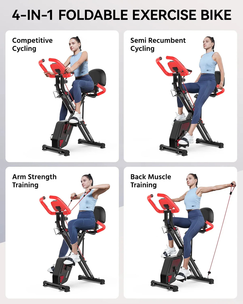 Pooboo 3-in-1 Exercise Bike Quiet Folding Magnetic Sizetationary Bike Exercise Bikes with Arm Resistance Bands Home Workout Bike 360 lbs