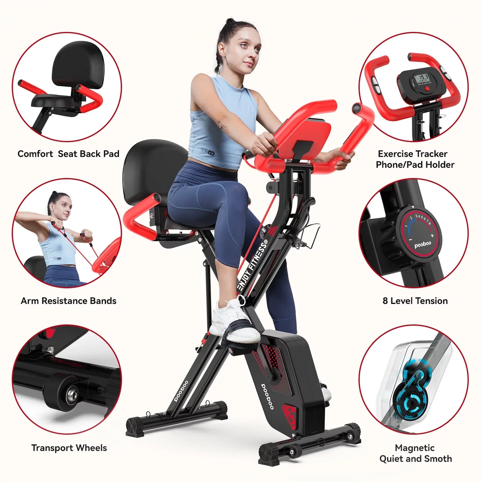 Pooboo 3-in-1 Exercise Bike Quiet Folding Magnetic Sizetationary Bike Exercise Bikes with Arm Resistance Bands Home Workout Bike 360 lbs