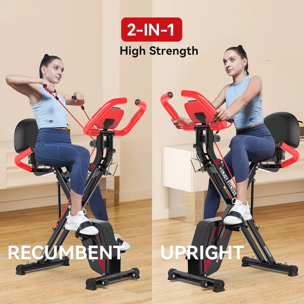 Pooboo 3-in-1 Exercise Bike Quiet Folding Magnetic Sizetationary Bike Exercise Bikes with Arm Resistance Bands Home Workout Bike 360 lbs