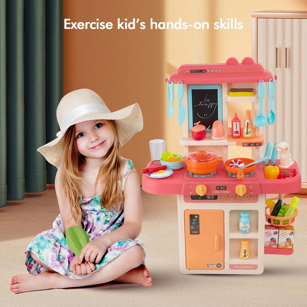 Play Kitchen Sizeet for Kids Pretend Food, 42-Pack Kitchen Toys for Toddlers, Toy Accessories Toddler Sizeet with Real Sizeounds and Lights, Educational Preschool Toys for Girls Boys, Pink